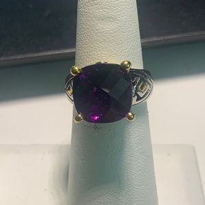 Signed Pl silver and gold tone purple stone fashion ring etched design Sz 6